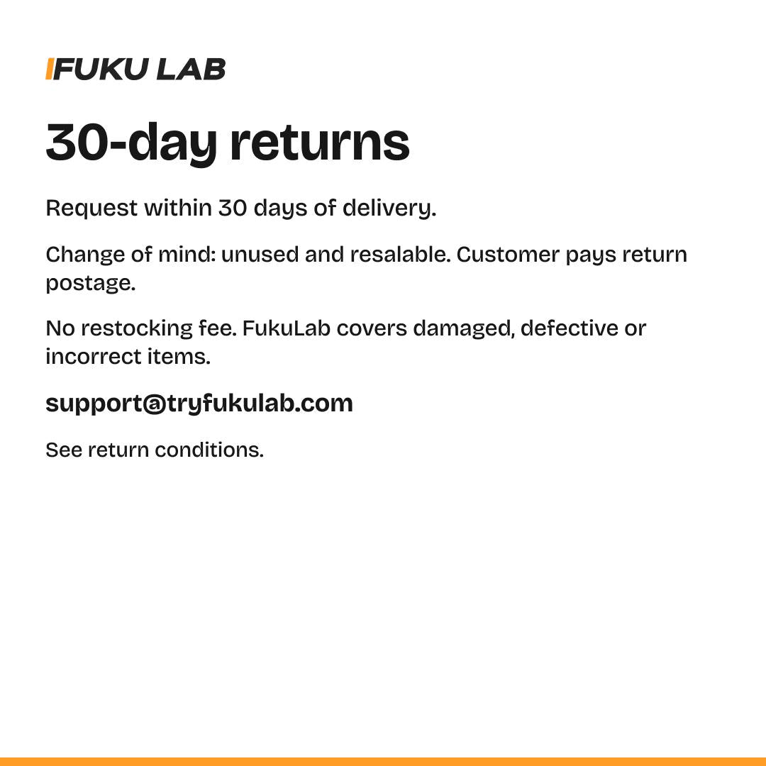 30-day return conditions and support@tryfukulab.com; conditions apply