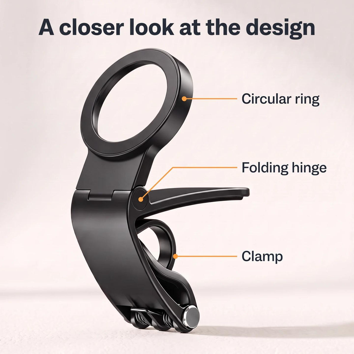 Holder design graphic identifying the circular ring, folding hinge and clamp