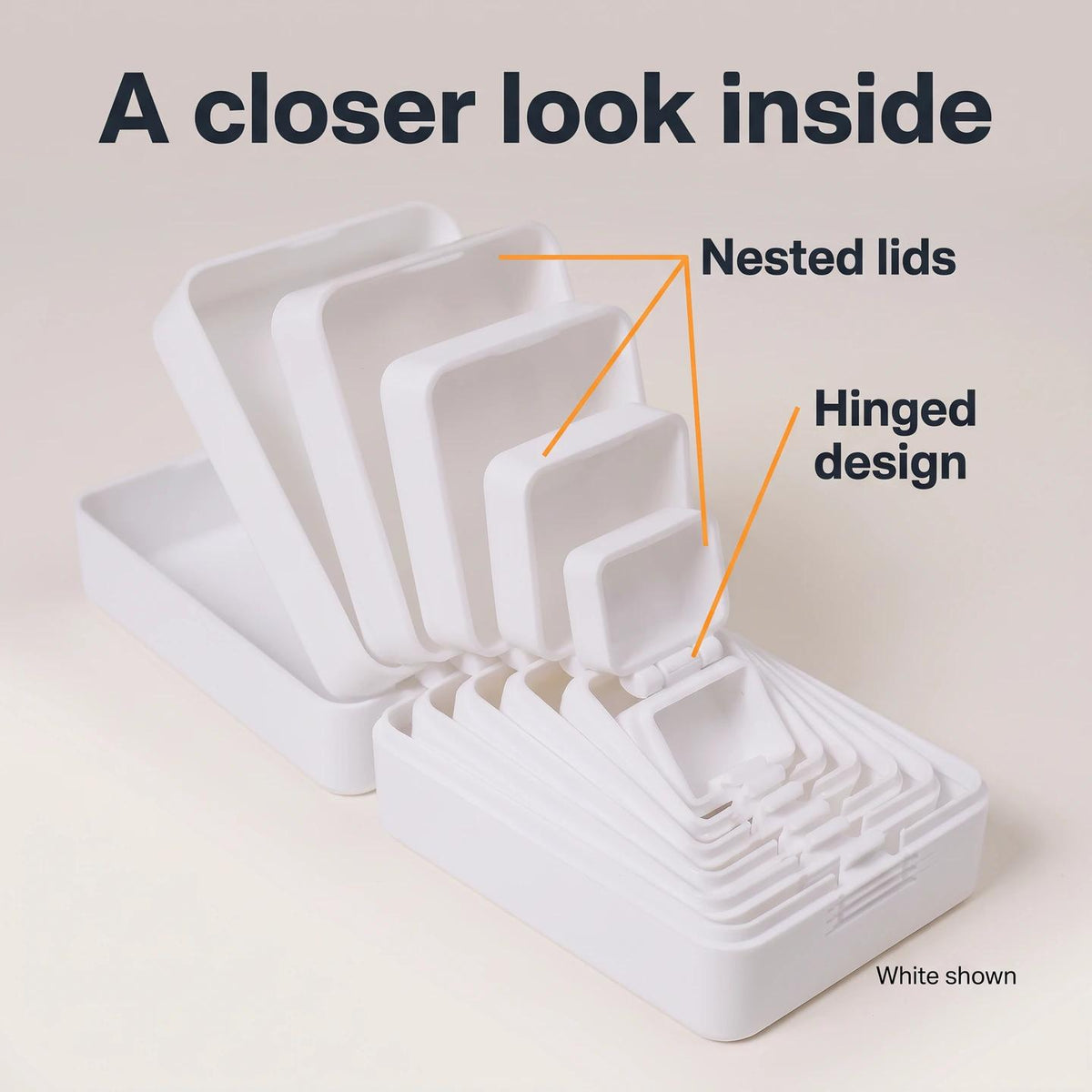 White nesting box graphic identifying nested lids and hinged design