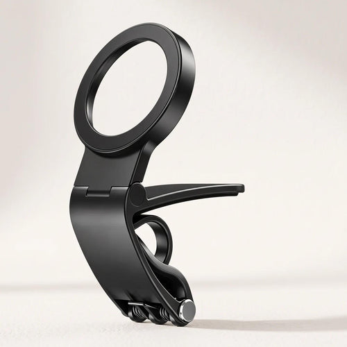 Black phone holder with circular ring, folding hinge and clamp