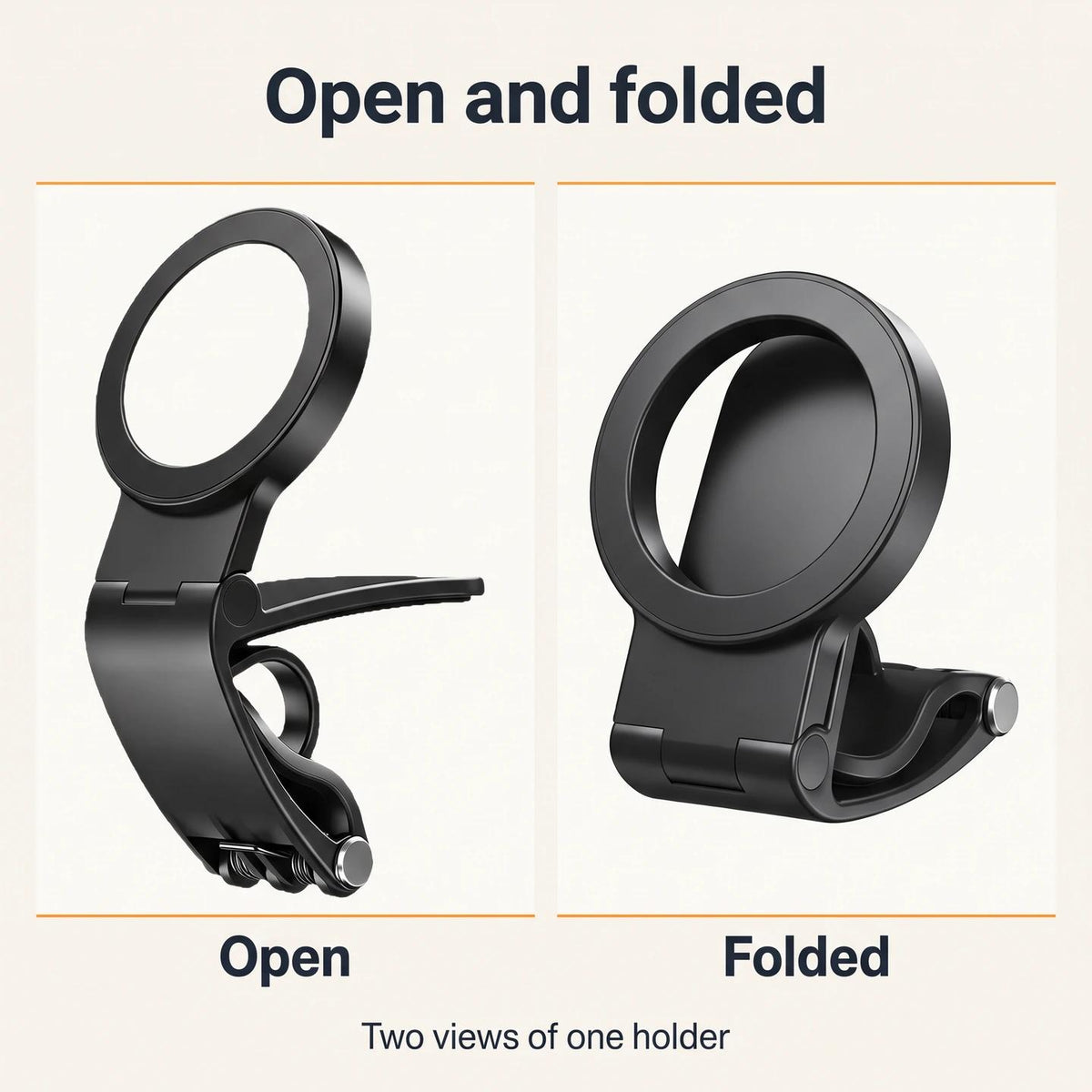 Open and folded views of one black holder, labelled for comparison